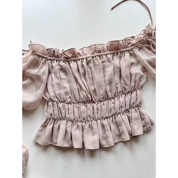 CHRISSY TEIGEN x REVOLVE Sands Nude Chiffon Ruched Off Shoulder Blouse, Size XS - Picture 6 of 14